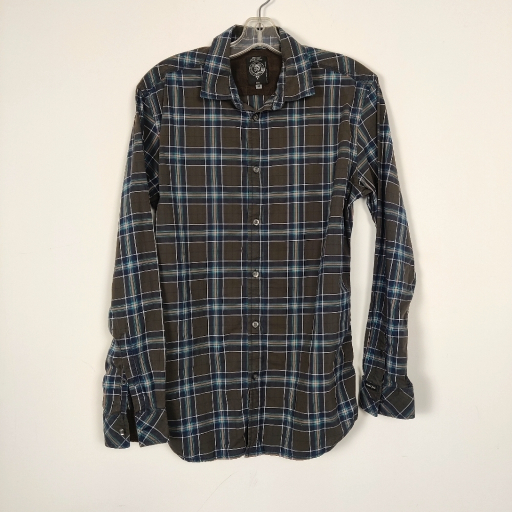Diesel Industry Men's Plaid Button-Down Shirt Size Medium Brown Blue 100% Cotton